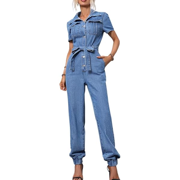 【なあ】BACK OPEN DENIM ALL IN ONE Womens Denim Jumpsuit Overalls Zip Front Collared all in one